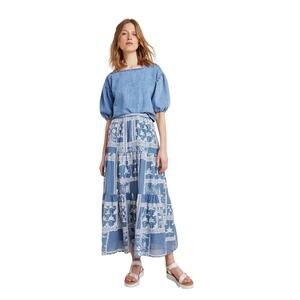 Anthropologie Maeve Ariadne Embroidered Maxi Skirt Chambray Denim Skirt Small